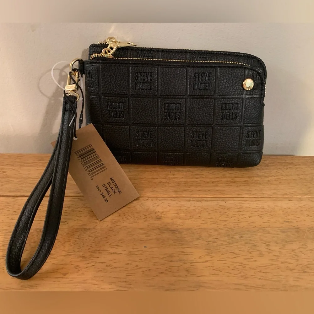 STEVE MADDEN Women Black Wristlet Double Zip Embossed Logo Wallet MO1925…